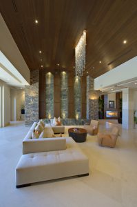 Living room interior with modern lighting and furniture